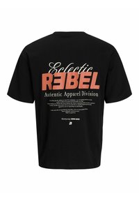 Black T-shirt with large orange "REBEL" text, white "Eclectic" above, and smaller white text below about apparel and individuality.