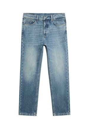 Lyseblå denimjeans med lige ben, præget af en falmet vask, fem-lomme design og syningsdetaljer langs sømmene.