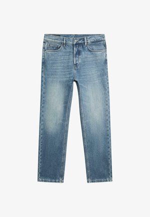 Light blue denim jeans with a straight leg design, featuring a faded wash, five-pocket style, and stitching details along the seams.