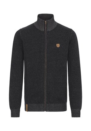 Cardigan da uomo con zip in grigio scuro, colletto a coste, polsini elasticizzati e un piccolo emblemma sul petto. Tessuto lavorato a maglia con sfumature.