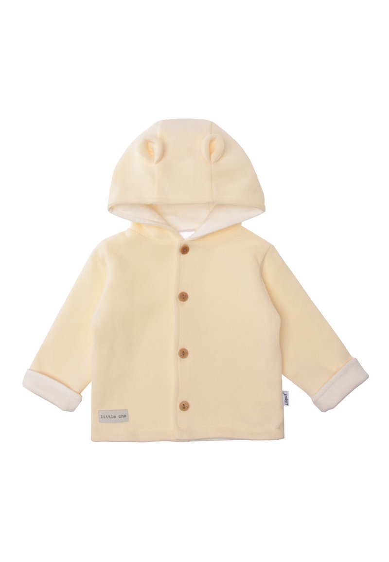 Yellow hooded jacket made of soft fabric. Features rounded ears on the hood, wooden buttons, and white cuffs. Label on the hem says "little one."