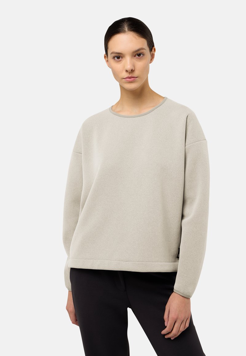 Hellgrau, Langarm-Sweatshirt mit Rundhalsausschnitt und geripptem Saum. Weiche Textur mit überschnittenen Schultern und lockerer Passform.