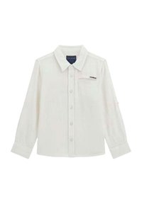 Camicia bianca a maniche lunghe con colletto, dotata di un piccolo logo ricamato sulla tasca e tessuto testurizzato.