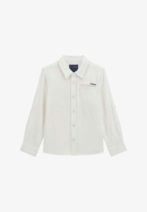 Camicia bianca a maniche lunghe con colletto, dotata di un piccolo logo ricamato sulla tasca e tessuto testurizzato.