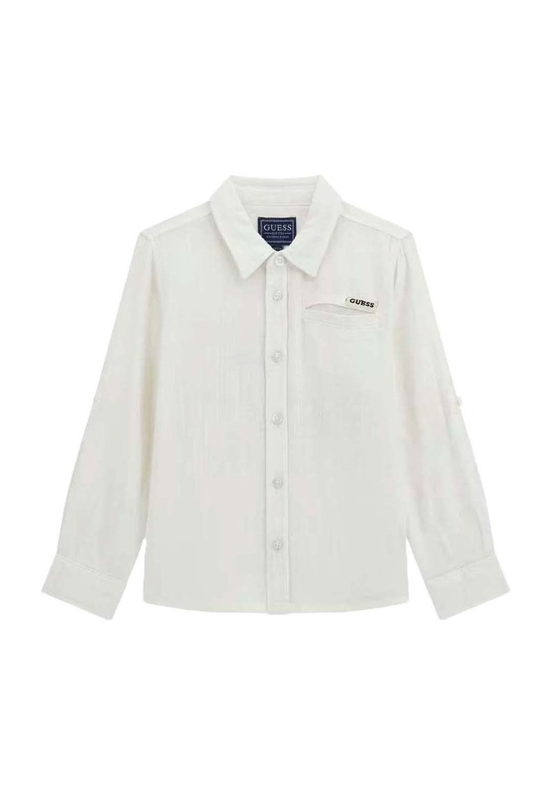 Camicia bianca a maniche lunghe con colletto, dotata di un piccolo logo ricamato sulla tasca e tessuto testurizzato.