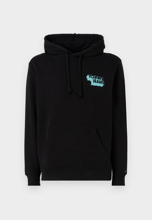 Svart hoodie i mjuk bomullsblandning, med en framfickan i känguru-stil, dragsko på huvan och turkos "TOMMY JEANS"-logotyp på bröstet.