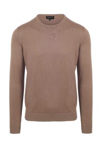 Bruine gebreide trui met lange mouwen, ronde hals en geribbelde boord en manchetten. Soepele textuur en eenvoudig ontwerp, geschikt voor casual kleding.