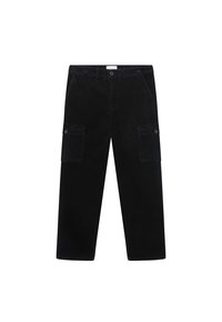 Schwarze Cord-Hosentaschen mit lockerer Passform, zwei seitlichen Taschen und Knopfverschluss. Mit einer strukturierten Oberfläche und geradem Bein-Design.