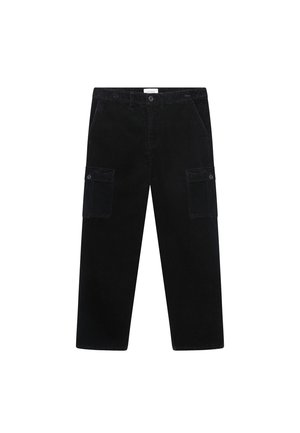 Crne korduroj hlače s udobnim krojem, dva bočna džepa i dugme zatvaranje. Imaju teksturiranu završnu obradu i ravne nogavice.