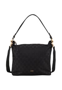Borsa a spalla nera realizzata in tessuto stampato, con chiusura a zip, tracolla regolabile e dettagli in metallo dorato. Logo del marchio visibile.