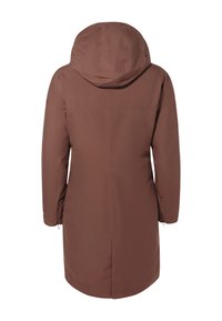 Lange bruine parka jas met een capuchon, gemaakt van glad, duurzaam materiaal. Beschikt over een rechte snit en twee zijzakken.