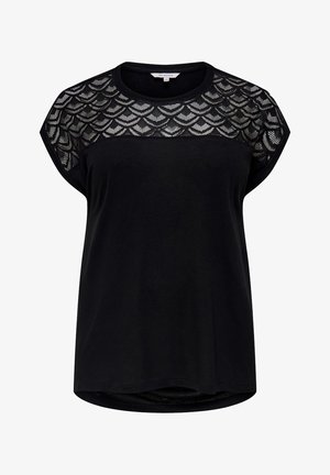 Camiseta preta de mangas curtas com um padrão texturizado em forma de escalope na parte superior semi-translúcida. Tecido suave com uma bainha arredondada.