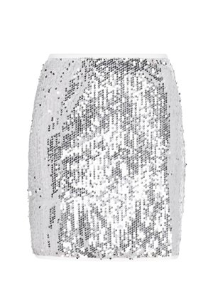 Hopeinen minihame, jossa on teksturoitu, jäsennelty muotoilu. Sisältää kimaltavia paljetteja, jotka on järjestetty liukuvärjäyksen kaltaiseen kuvioon.