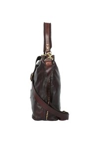 Bolso de piel marrón con forma suelta, que cuenta con un asa superior, correa de hombro desmontable y acentos de hardware dorado.