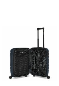 Marineblauwe harde koffer met een ontwerp met twee wielen. Het interieur heeft een zwarte voering, een ritszak en kruislinten om spullen te beveiligen.