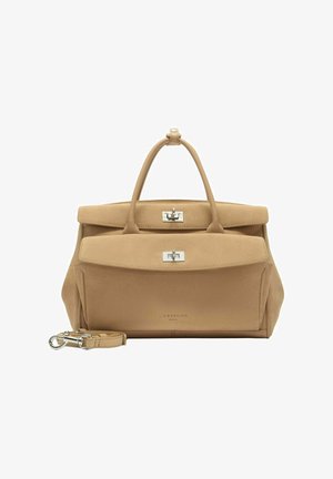Borsa beige in camoscio con due chiusure a girello in argento, doppi manici, tasca frontale e tracolla staccabile posta accanto.