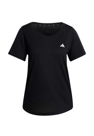 Crna majica kratkih rukava od pamuka, s okruglim izrezom i bijelim logotipom na lijevoj strani prsa. Glatka tekstura, opušteni kroj.