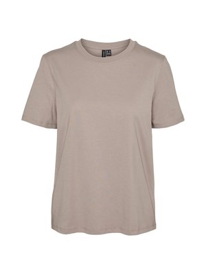 Tricou simplu bej cu mâneci scurte din bumbac, cu guler rotund și cusături vizibile pe mâneci și tiv.