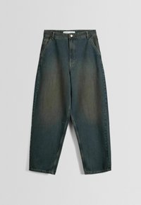 Jeans denimowe w ciemnozielonym kolorze z lekko wyblakłym wykończeniem. Luźny krój z prostymi nogawkami, design pięciu kieszeni oraz zapięcie na guzik z przodu.