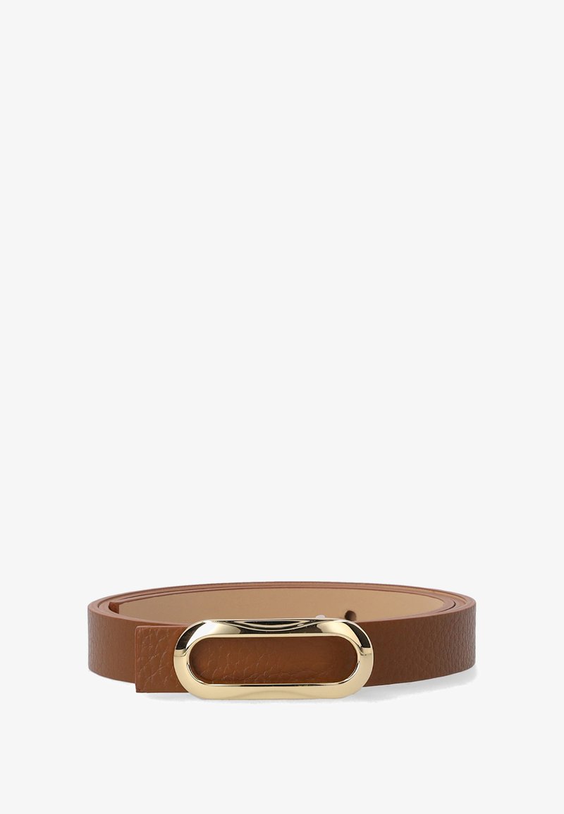 Brown leather belt with textured finish and a shiny, elongated oval gold buckle, laid flat on a white background.