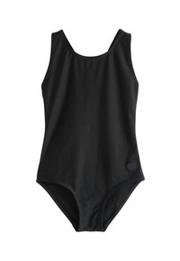Musta yhtenäinen uimapuku, valmistettu sileästä kankaasta, korkealla leikatuilla lahkeilla, pyöreällä pääntiellä ja pyöreällä logopohjalla lantiolla.
