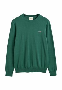 Grüner Wollpullover mit Rundhalsausschnitt, gerippten Bündchen und Saum. Verfügt über ein kleines gesticktes Logo auf der Brust. Glatte Textur.