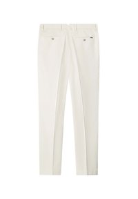 Svijetlo bež krojene hlače prikazane sa stražnje strane, s dva dugmeta na džepovima i petljama za remen na jednoličnoj pozadini.