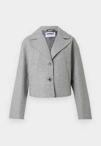 Ανοιχτό γκρι cropped παλτό από μίγμα μαλλιού με φαρδιούς γιακάδες, δύο κουμπιά, πλαϊνές τσέπες και μακριά μανίκια με φόντο το λευκό.