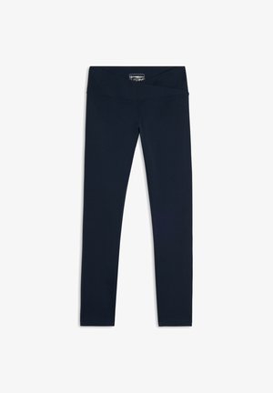 Leggings blu navy con una fascia larga in vita, realizzati in tessuto elasticizzato, caratterizzati da una texture liscia e senza cuciture visibili.