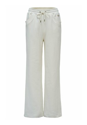 Pantalones deportivos blancos de pierna ancha con cintura elástica, cordón ajustable, bolsillos frontales y pequeño detalle de logo en la cadera derecha.