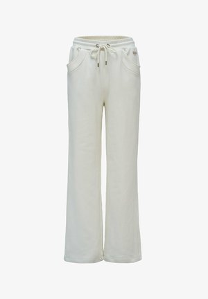 Pantalones deportivos blancos de pierna ancha con cintura elástica, cordón ajustable, bolsillos frontales y pequeño detalle de logo en la cadera derecha.