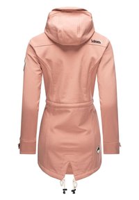 Light pink waterproof jacket with a hood, drawstring waist, long sleeves, and logo accents. Smooth texture and fitted design.