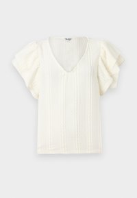 Blusa bianca con maniche corte volan, scollo a V e righe verticali testurizzate. Tessuto leggero con una sottile e morbida lucentezza.