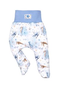 Spodenki dla niemowląt z niebieskim prążkowanym paskiem w talii, ozdobione morskimi stworzeniami, takimi jak koniki morskie, żółwie, meduzy, ryby i ośmiornice w delikatnych kolorach.