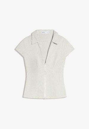 Bluza cu mâneci scurte, de culoare gri deschis, cu dungi verticale fine, guler și închidere cu fermoar frontal.