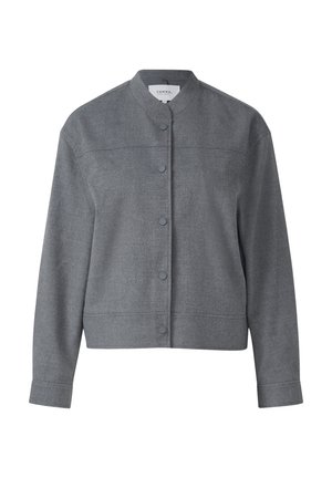 Gray, button-up, collarless jacket crafted from textured fabric with a straight cut, featuring a clean design and subtle seam details.
