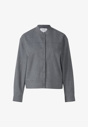 Gray, button-up, collarless jacket crafted from textured fabric with a straight cut, featuring a clean design and subtle seam details.