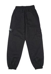 Pantaloni cargo neri in cotone con fascia elastica in vita, dotati di tasche laterali e polsini elastici alle caviglie.