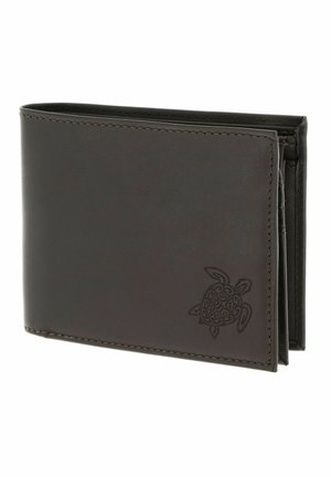 Dark brown leather bifold wallet with detailed turtle engraving in the bottom right corner and visible stitched edges.