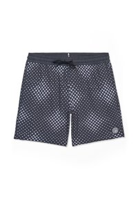 Short de bain noir pour homme avec motif géométrique de points blancs, taille élastique, cordelette noire et petit logo circulaire sur la jambe gauche.