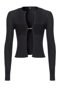 Cardigan en maille côtelée noire avec des manches longues, une ouverture à l'avant, un design court, et un accent en métal doré "pink" au centre.