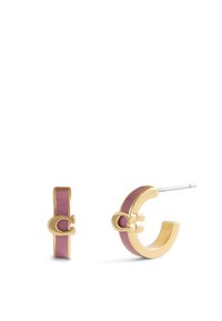 Gold-tone hoop earrings featuring a pink enamel inlay and a small clasp detail. Smooth texture with a contemporary design.