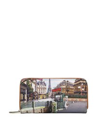 Portafoglio in pelle con una scena di strada parigina, caratterizzata dalla Torre Eiffel, architettura dettagliata e un'insegna rétro del Métro, in colori vivaci.