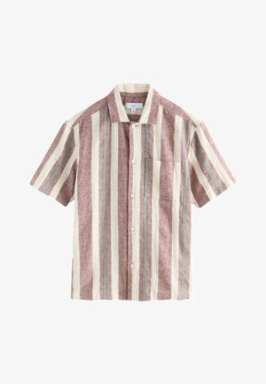 Chemise à manches courtes à boutons avec des rayures verticales beiges, marron et bleues et une poche poitrine sur fond blanc.