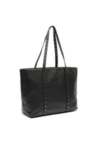 Black leather tote bag with two long studded straps and a smooth finish, standing upright on a white background.