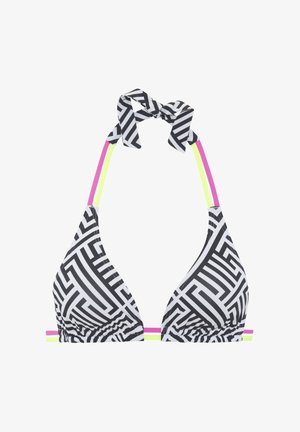 Soutien-gorge de bikini noir et blanc à motif, avec des bonnets triangulaires, présentant un design en maze, un lien autour du cou et des bretelles en néon rose et vert.