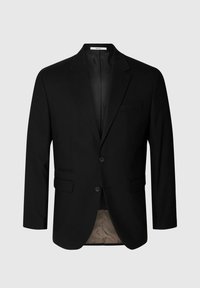 Zwarte blazer van gladde stof, met een geknipt revers, twee knopen en twee voorzakken. Voering is van een lichte kleur.