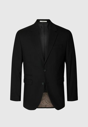 Černý blazer vyrobený z hladké látky, s klopovým límcem, dvěma knoflíky a dvěma předními kapsami. Vnitřek je podšívkovaný světlejší barvou.