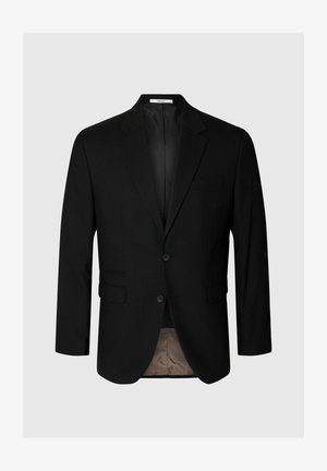 Schwarzer Blazer aus glattem Material, mit Reverskragen, zwei Knöpfen und zwei Fronttaschen. Innenfutter in hellen Farben.