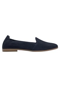 Sötétkék, slip-on stílusú cipők, velúrszerű textúrával, hegyes orral, elasztikus oldalsó panelekével és világosbarna gumitalppal.